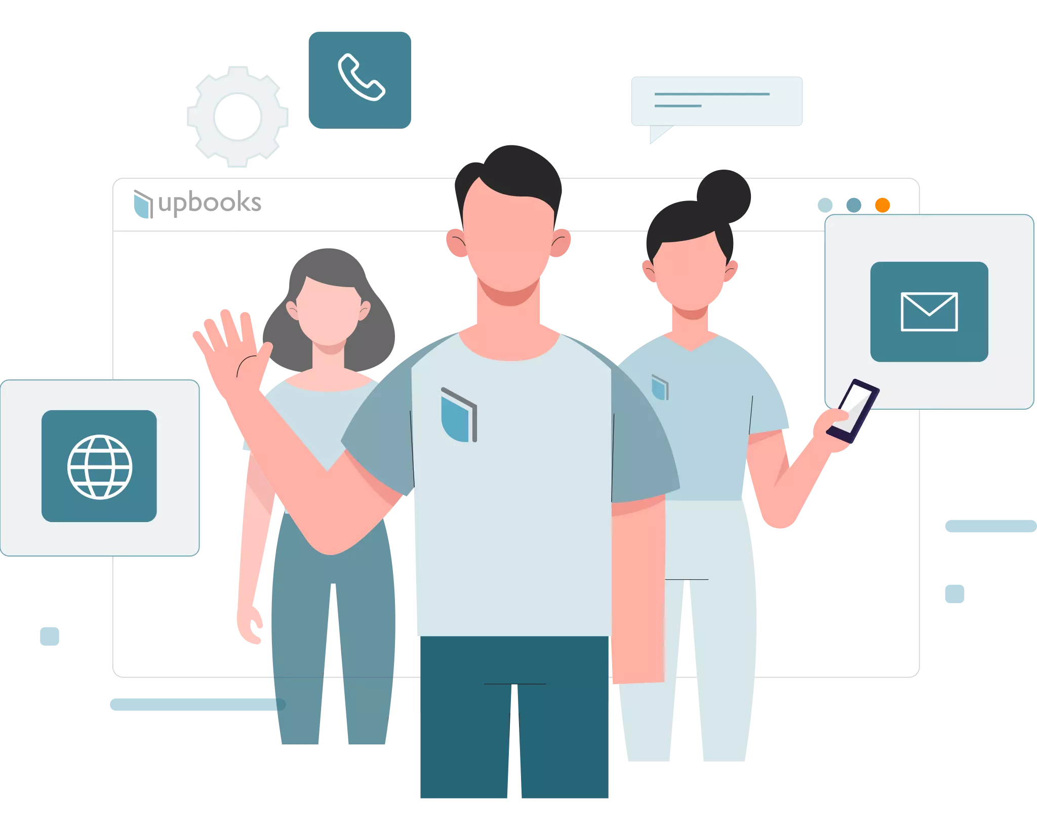 Upbooks team and business management – contact, calls, chat, email, and settings