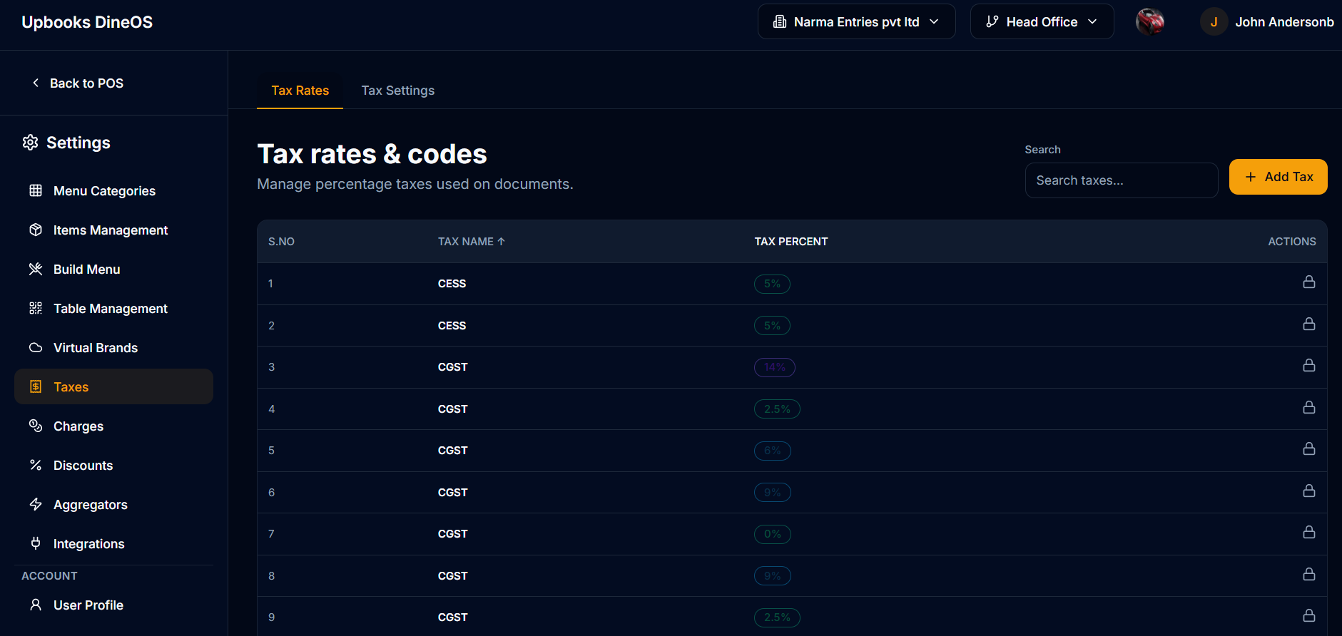 DineOS — Taxes & Billing