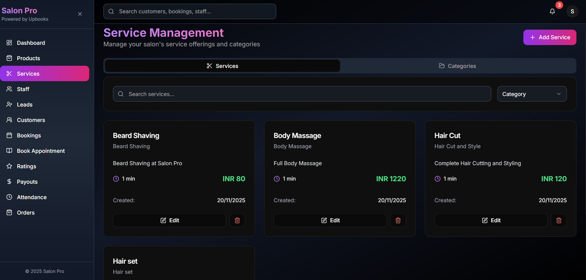 Salon Pro — Service management